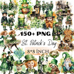 Watercolor St. Patrick&#39;s Day Clipart, Gnome Clipart, Shamrock, Clover, Green Home Decor Clip Art, Irish Sublimation Graphics, PNG