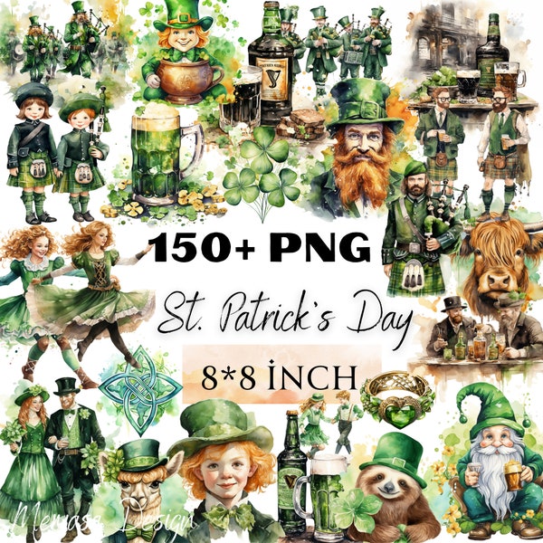 Watercolor St. Patrick's Day Clipart, Gnome Clipart, Shamrock, Clover, Green Home Decor Clip Art, Irish Sublimation Graphics, PNG