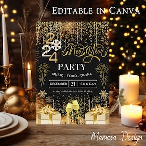 Bearbeitbare Silvester-Party Einladung. 2024 Silvesterparty einladen. Gold Glitter Neujahr einladen . Kommerzielle Nutzung