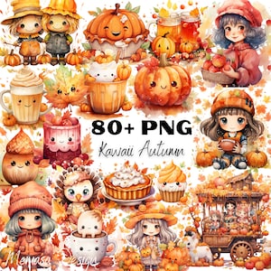 Kawaii herfst herfst clip art set, warme chocolademelk, Pumpkin Spice Latte, pompoentaart, cupcake, esdoornblad, schattige herfst cliparts, herfst stickers PNG