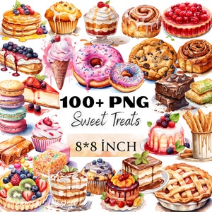 Sweet Treats Watercolor Clipart Bundle - Tasty Desserts, Donuts, Cookies, Cupcakes, Macarons, PNG, Instant Digital Download,Transparent Png