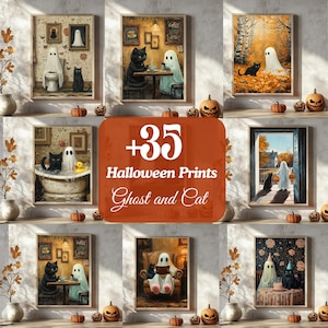 Halloween Art Print, Ghosts and cat Art Print, Halloween Decor, Spooky Vintage Halloween, Printable Wall Art, Digital Download