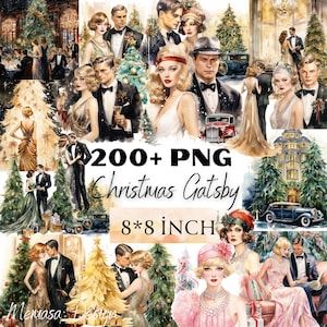 ギャツビー クリスマス 水彩画 クリップアート グラフィック バンドル PNG 即時ダウンロード スクラップブッキング ギャツビー クリスマス ジャンク ジャーナル クリップアート 1920 年代 パーティー