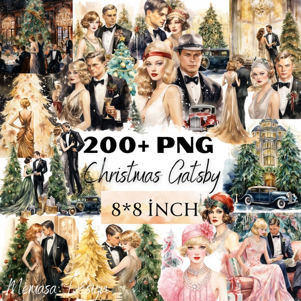 Bundle de cliparts aquarelle de Noël Gatsby PNG Téléchargement instantané Scrapbooking Fête des cliparts du Journal de la malbouffe de Gatsby le Noël des années 1920