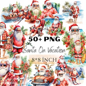 Santa On Vacation Watercolour Clip Art set- Summer Holiday, Xmas, Christmas, Beach, Relax,Santa on Vacation Clipart Bundle, Commercial Use