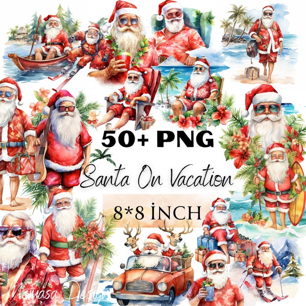 Ensemble de cliparts aquarelle père Noël en vacances - vacances d'été, Noël, Noël, plage, détente, ensemble de cliparts père Noël en vacances, usage commercial