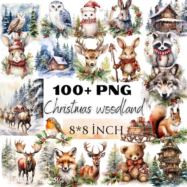 Woodland Christmas Clipart Watercolor Winter Clipart Woodland Animals Cozy Christmas Clipart Winter Forest Cardmaking, Commercial Use