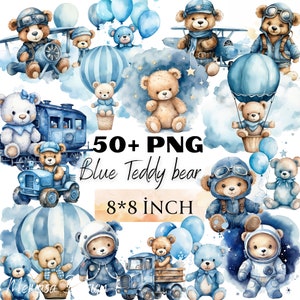 Bundle de cliparts aquarelle pour baby shower pour un garçon bleu bébé Decor chambre d'enfant Clipart ours en peluche bleu, baby shower, png transparent