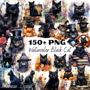 Schwarze Katzen Aquarell Clipart Bundle - PNG Bilder, Mysteriöse Kitty Katzen Grafiken, Aquarell Kätzchen, Kommerzielle Nutzung