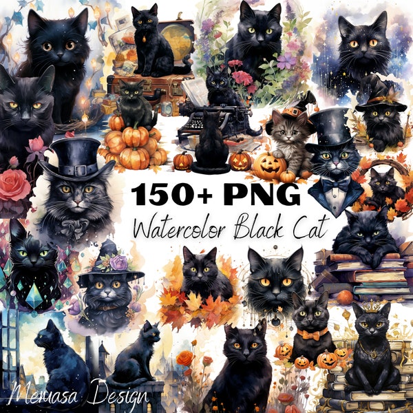 Black Cats Watercolor Clipart Bundle - PNG Black Cat Images, Mysterious Kitty Feline Graphics,  Watercolor Kitten, Commercial Use