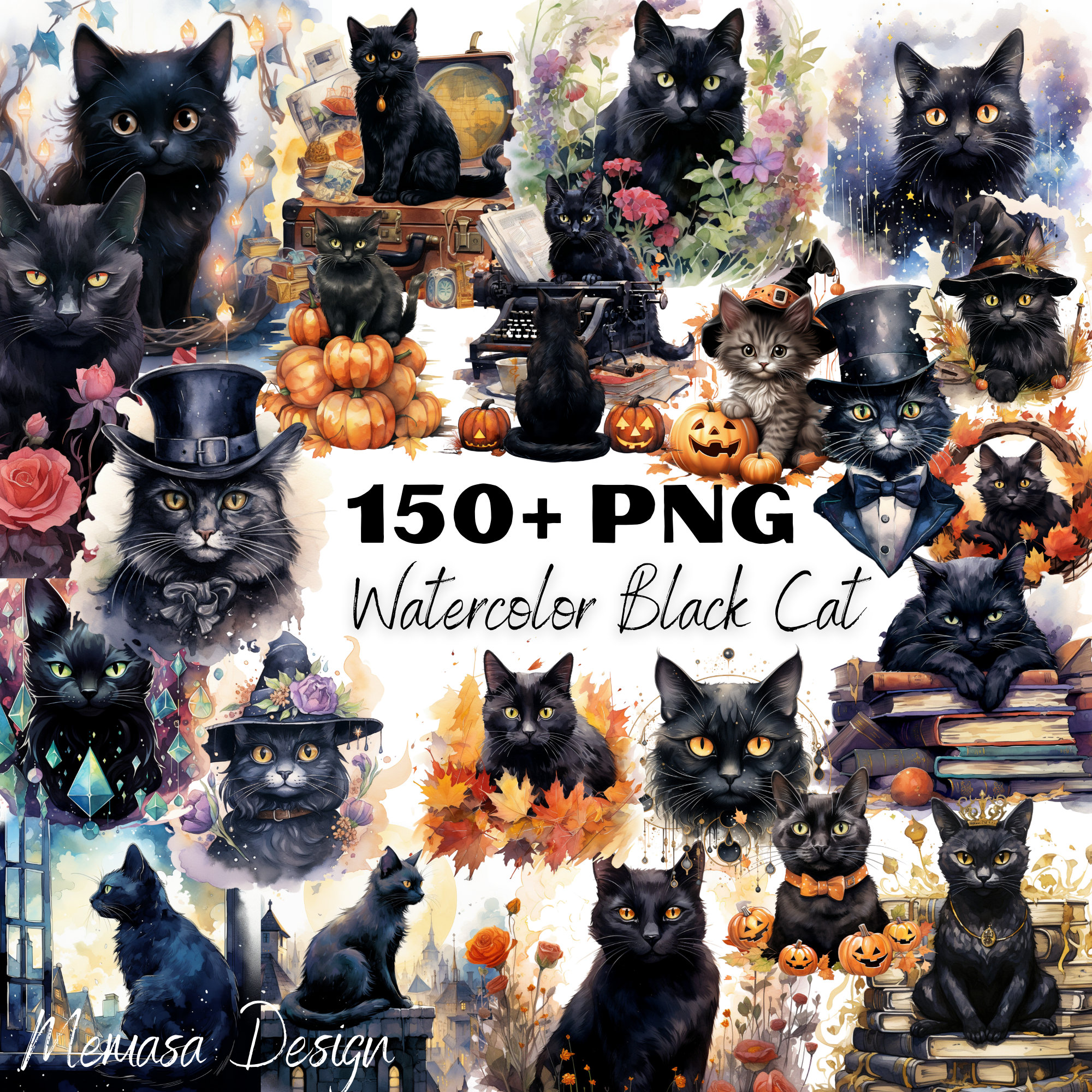 Black Cats Watercolor Clipart Bundle - PNG Black Cat Images, Mysterious ...