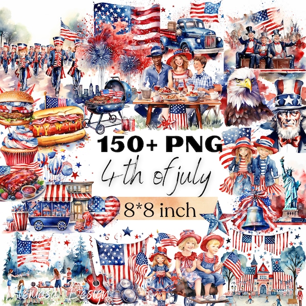 Watercolor 4th of July Clipart Bundle, Independence Day Clip art, Patriotic png, Fourth of July Clipart, American Flag sublimation