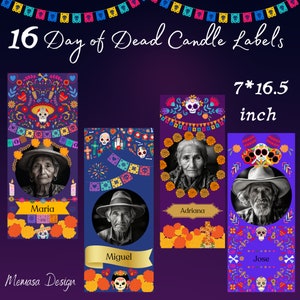 Etiquetas para velas de cilindro alto, altar do Dia dos Mortos, etiquetas para velas do Dia dos Mortos, etiquetas para velas de cilindro alto