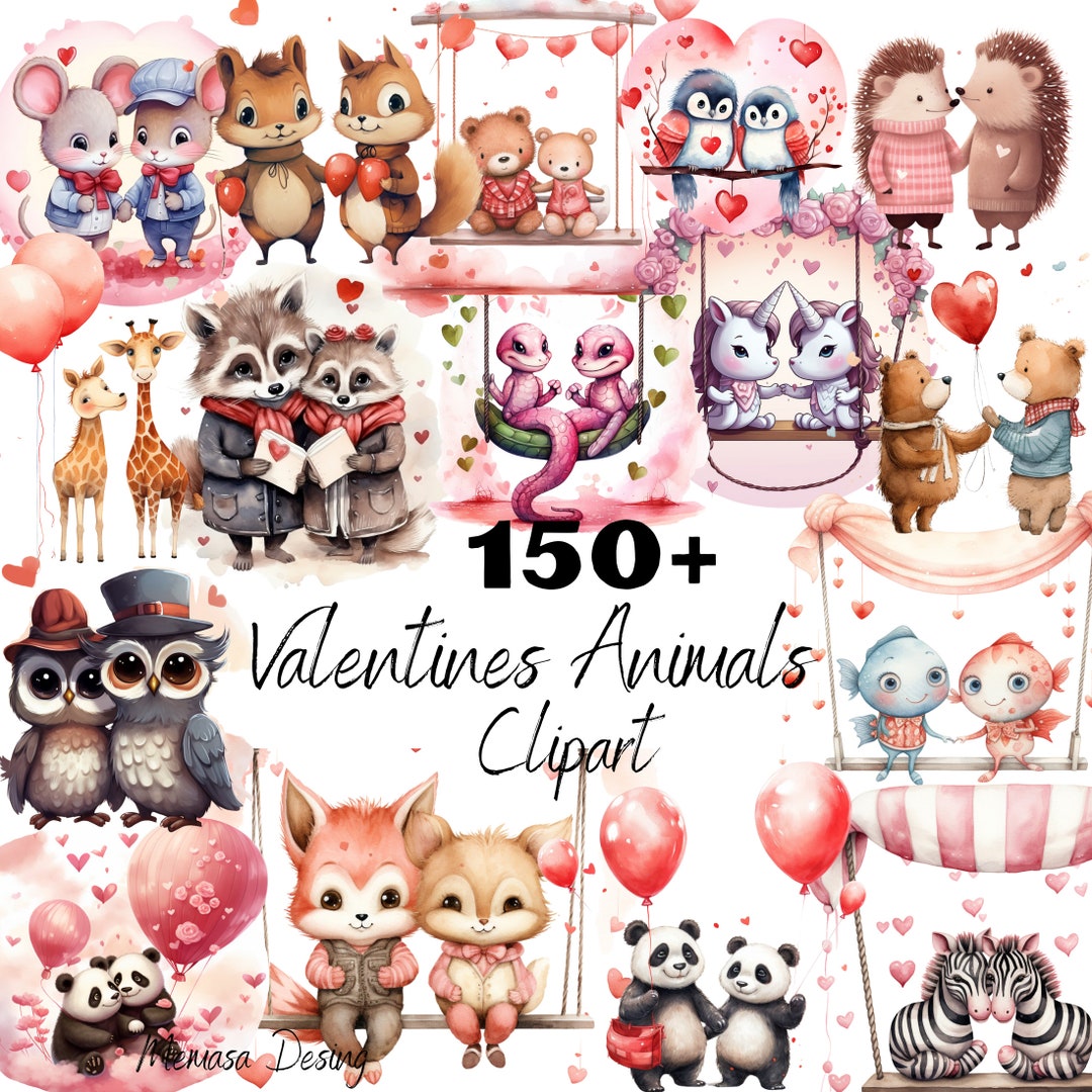 Watercolor Valentines Animals Collection Clipart, +150 PNG Valentines ...