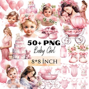 Baby Girl Bundle,Watercolor Clipart,Baby Shower,Newborn Baby,Clipart Baby,Nursery PNG,Gender Reveal,Transparent Png, Commercial Use