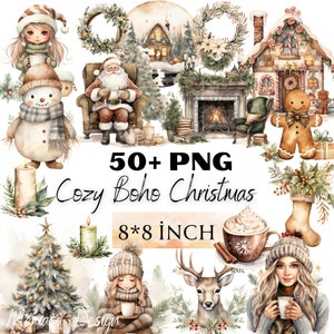 Boho Cozy Christmas Clipart Boho Christmas Clipart,Boho Ornaments Clipart Watercolor Christmas holiday bundle PNG, Commercial Use