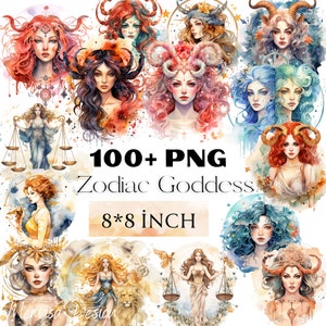 Watercolor Zodiac Sign Goddess Png Clipart, Printable Astrology Goddess Art Print Decor, Fantasy Magic and Celestial journal, Commercial Use