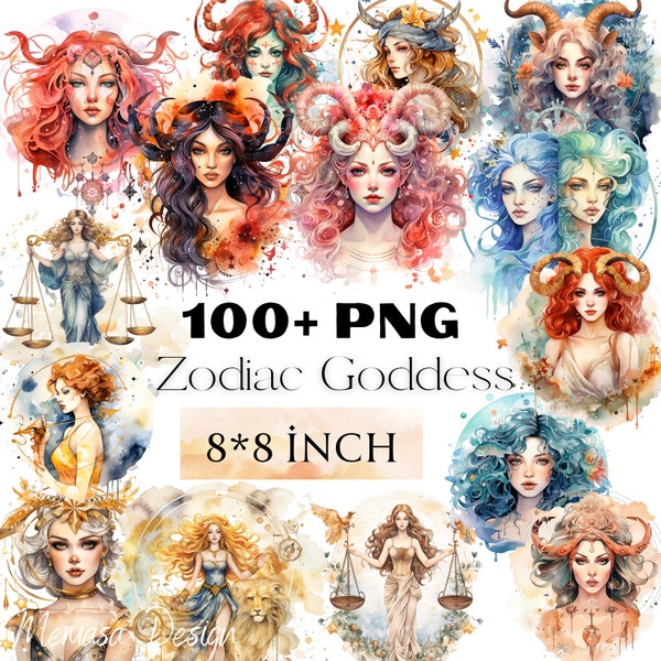 Watercolor Zodiac Sign Goddess Png Clipart, Printable Astrology Goddess Art Print Decor, Fantasy Magic and Celestial journal, Commercial Use