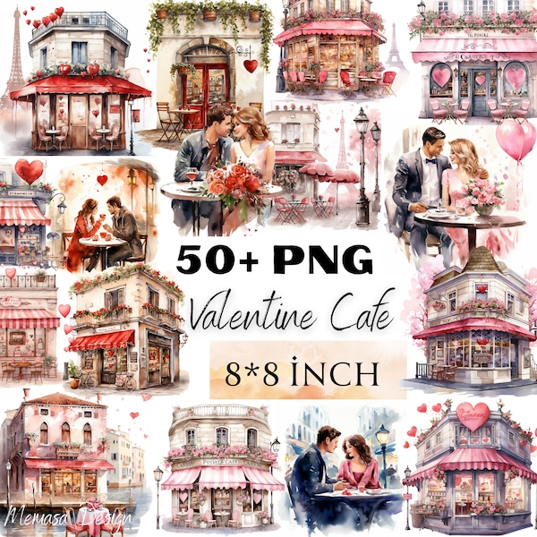 Watercolor Valentine Cafe clipart, high quality PNG files, cozy cafe, cute restaurant, french cafe, coffee shop, Commercial Use