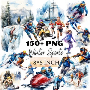 Clipart aquarelle de sport d'hiver, clipart de snowboard, hockey sur glace, patinage sur glace, clipart Nature de ski, clipart de voyage de vacances, usage Commercial
