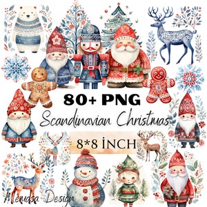 Aquarell Skandinavische Weihnachtscliparts, Skandinavische Volkskunst Weihnachten druckbare Clipart, Nordische Drucke, Schlafzimmerdekor, Kommerzielle Nutzung