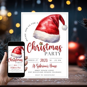 Może przedstawiać: Zaproszenie na świąteczne przyjęcie z ilustracją czerwonego kapelusza Świętego Mikołaja. Tekst zaproszenia brzmi: "Dołącz do nas na świąteczne przyjęcie, 27 grudnia 2023, 18-23, U Sabriny, Abbey Manor Lodge, 4589 Boulevard Denver Colorado, RSVP: 0405096382."