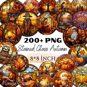 Autumn Stained Glass ClipArt, Fall Stain Glass PNG, Thanksgiving PNG, Farmhouse, Fall Decor, Transparent PNG, Commercial Use