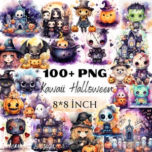 Kawaii Halloween Clip Art Set, Cute Halloween Clipart, Halloween Witches Black Cat Dog Pumpkin Ghost Bat Skeleton Skull Potions Clipart