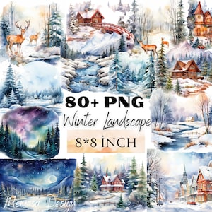 Winter Landscape Clipart Bundle - Winter forest clipart, instant download, Watercolor Landscapes, Winter Woodland Cliaprt,Transparent PNG