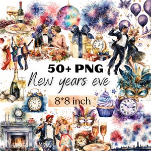 Ensemble de cliparts aquarelle du Nouvel An 2024, images festives pour la célébration, graphiques de vacances, téléchargement numérique instantané, utilisation commerciale