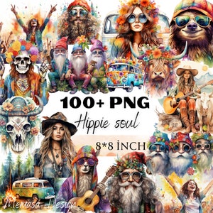 Watercolor Hippie Clipart Hippie PNG, hippie gnome,vanlife, western hippie, peace day clip art,hippie highland cow,hippie lama,hippie sloth