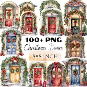 Christmas Doors Watercolor Clipart Bundle,Holiday Door Images, Cozy Xmas Festive Graphics, Instant Digital Download