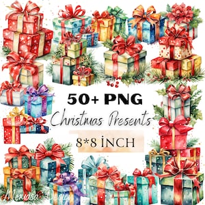 Watercolor Christmas Presents Png, Presents Clipart, Cute Gifts Clipart, Png Sublimation,Xmas Wrapped Gifts Red and Green, Stockings Clipart