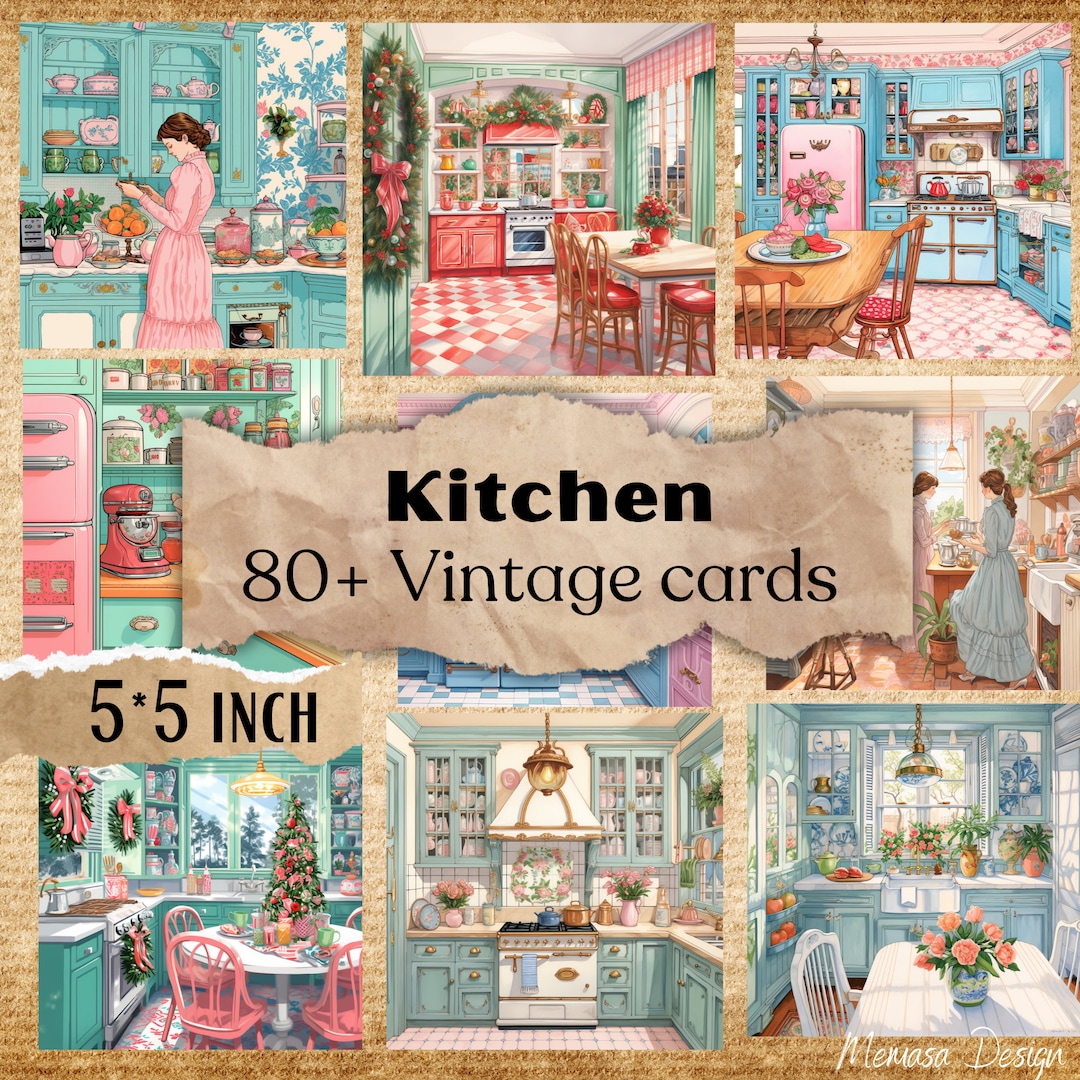 Vintage Kitchen Junk Journal Pages, Pastel Kitchen Vintage Cards
