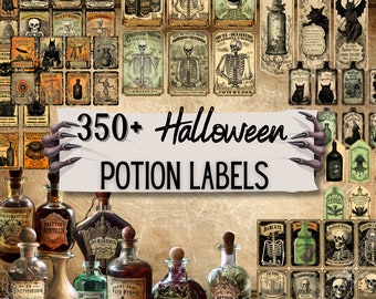 Etichette per pozioni strane di Halloween, etichetta per pozione del farmacista, adesivo stampabile vintage di Halloween PNG, decorazione per feste da mago, uso commerciale