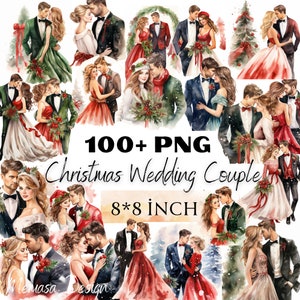 Clipart de casamento de noiva e noivo, casal de noivos de Natal, clipart romântico de casamento em aquarela, vestido de noiva png, diário indesejado, artesanato em papel