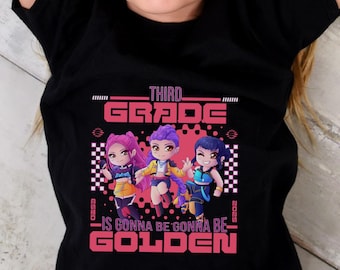 Third Grade is Gonna be Golden Kpop Back to School Chibi Shirt,Demon Rumi Zoey Mira First Day Sweater, K-Pop Teacher Gift, Hunter Kid Tee