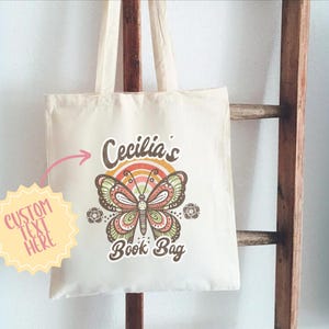 Sac fourre-tout personnalisé avec nom papillon rétro, sac shopping personnalisé pour filles, cadeau prénom personnalisé pour elle, cartable d'école, bibliothèque, rat de bibliothèque