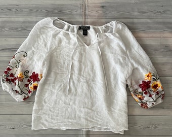 Vintage NYCC Peasant Top Blouse Shirt Boho Embroidered Floral White L Large