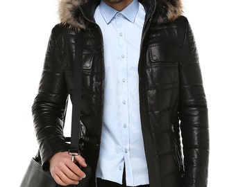 Genuine Leather Jacket For Men,Mens Lamb Leather Jacket, Men's Genuıne Leather Hooded Fur Winter Coat , BLACK, Der502