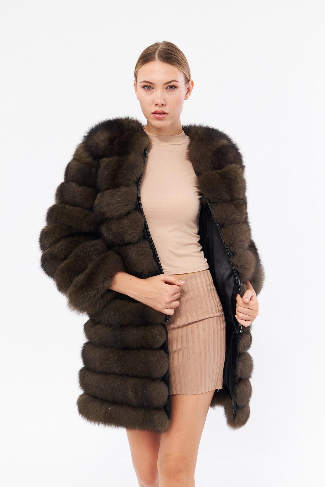 Luxury Real Fox Fur Coat Unique Gift for Elegant Women Grandeur Fox Fur Coat Genuine Fur of Excellent Quality %100 Fox BROWN image 3