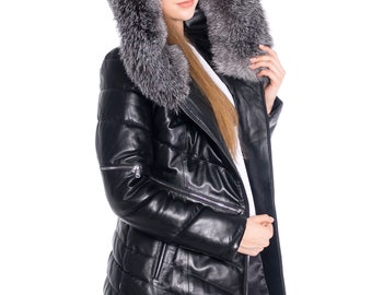 Genuine Leather Jacket For Woman,Woman's Lamb Leather Jacket, Woman's Genuine Leather  Hooded Fur Winter Coat, BLACK, Dka1704