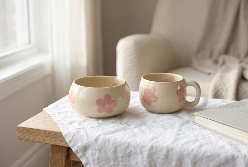 Pu&ograve; includere: Una ciotola in ceramica e una tazza abbinata, entrambe con base color crema e motivi floreali rosa dipinti a mano. La tazza ha un corpo arrotondato e un manico curvo, mentre la ciotola presenta un'apertura ampia e una finitura liscia.