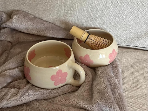 ピンクの花柄セラミック抹茶碗＆抹茶セット - Etsy 日本
