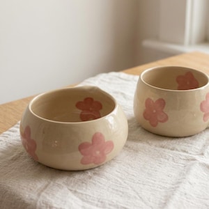 Pu&ograve; includere: Una ciotola in ceramica e una tazza in ceramica abbinata, entrambe caratterizzate da una smaltatura color crema lucida decorata con motivi floreali rosa dipinti a mano. La ciotola ha una forma arrotondata, mentre la tazza ha un manico curvo.