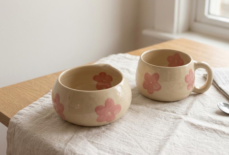 Pu&ograve; includere: Una ciotola in ceramica e una tazza in ceramica abbinata, entrambe caratterizzate da una smaltatura color crema lucida decorata con motivi floreali rosa dipinti a mano. La ciotola ha una forma arrotondata, mentre la tazza ha un manico curvo.