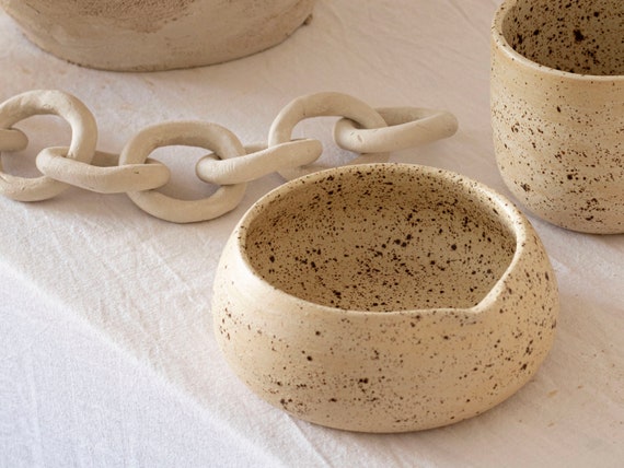 Handmade Beige Ceramic Matcha Set, 12oz Bowl with Black Dots