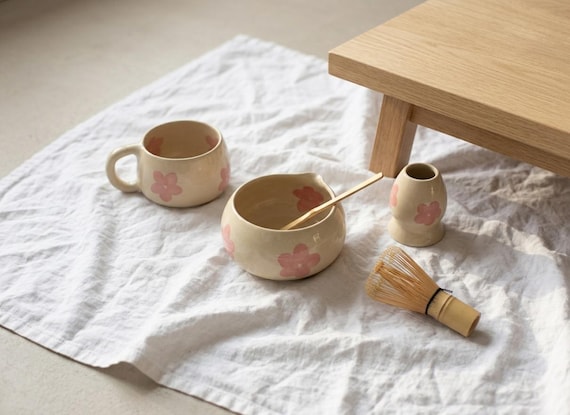 Pink Flower Ceramic Matcha Bowl, Handmade Matcha Tea Set