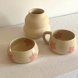 Pu&ograve; includere: Un set di tre pezzi in ceramica composto da un vaso beige opaco dalla silhouette arrotondata, una piccola ciotola con beccuccio e una tazza. Sia la ciotola che la tazza presentano una finitura color crema lucida decorata con fiori rosa dipinti.