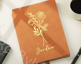 Diario personalizado, diario de cuero personalizado, diario personalizado para mujeres, diario personalizado de flores de nacimiento, regalo personalizado de flores de nacimiento